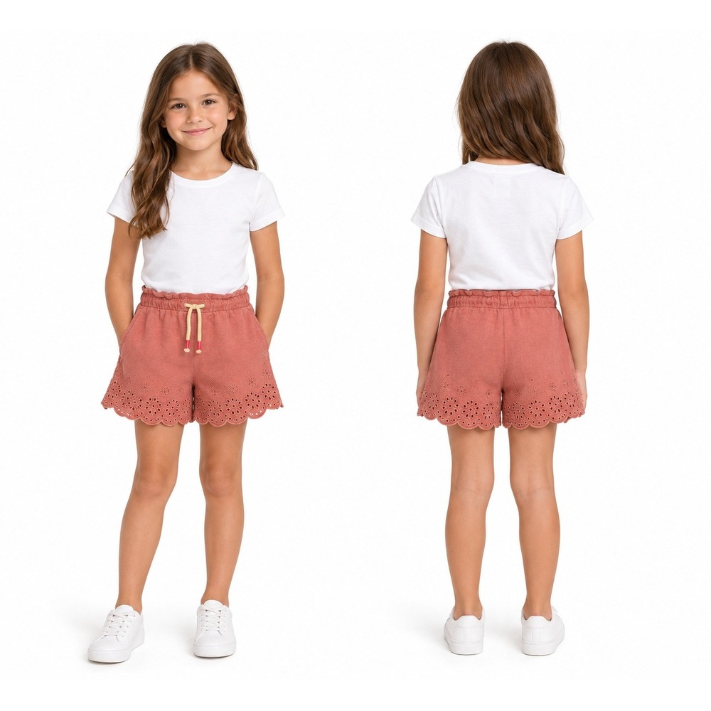 Mini Boden Eyelet Scalloped Shorts Girls 6Y Pink Excellent Paperbag Waist Boho